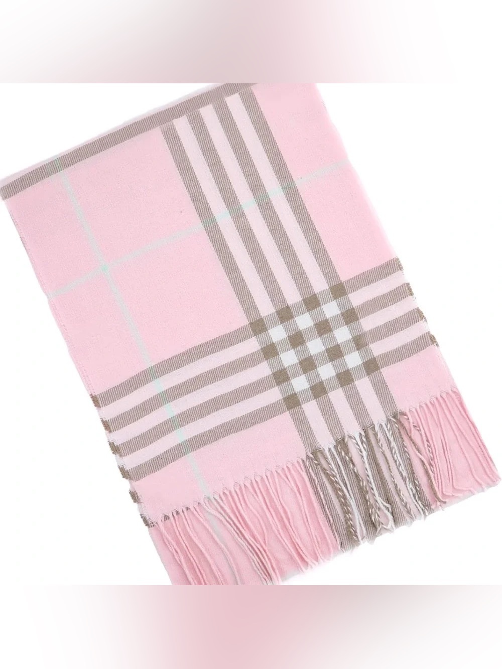 Women's plaid scarf in light pink and beige with a fine mint-colored stripe.